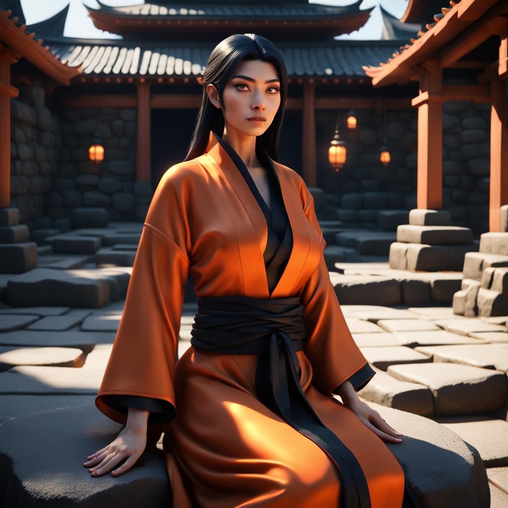 Japanese Magician Meditating in Rock Garden, Pixar Style