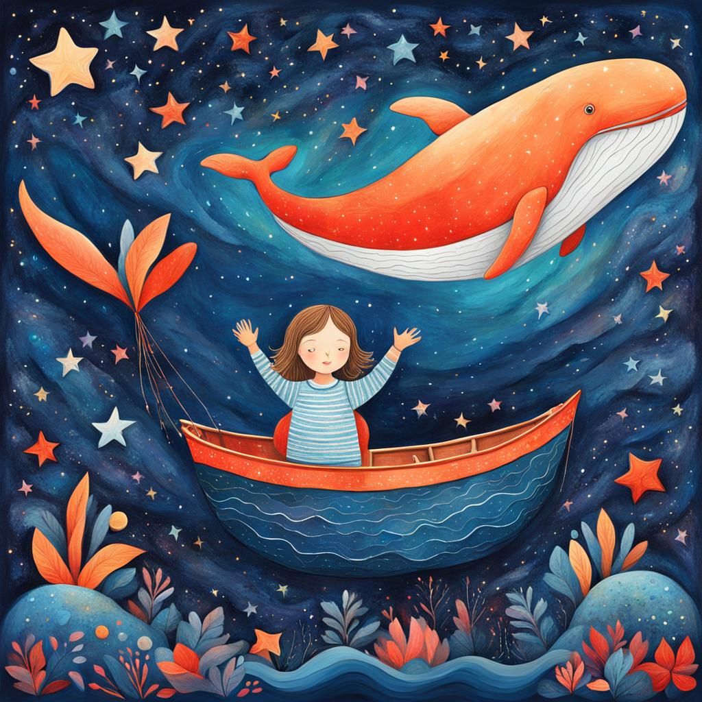 Girl Reaches for Whale Stars in Abstract Art