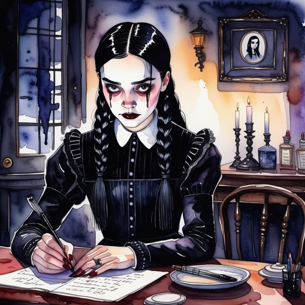 Wednesday Addams Writes a Letter: Watercolor Illustration
