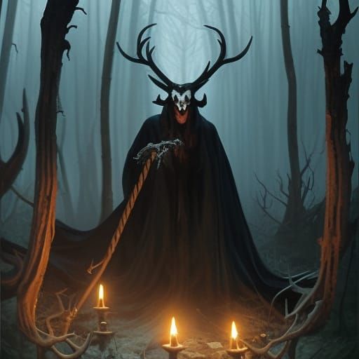 Gothic Demon with Deer Skull in Decaying Forest