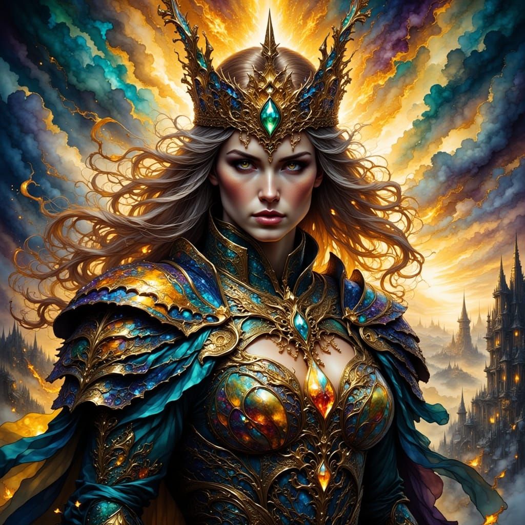 Warrior Queen with Fiery Crown in Dark Fantasy Style