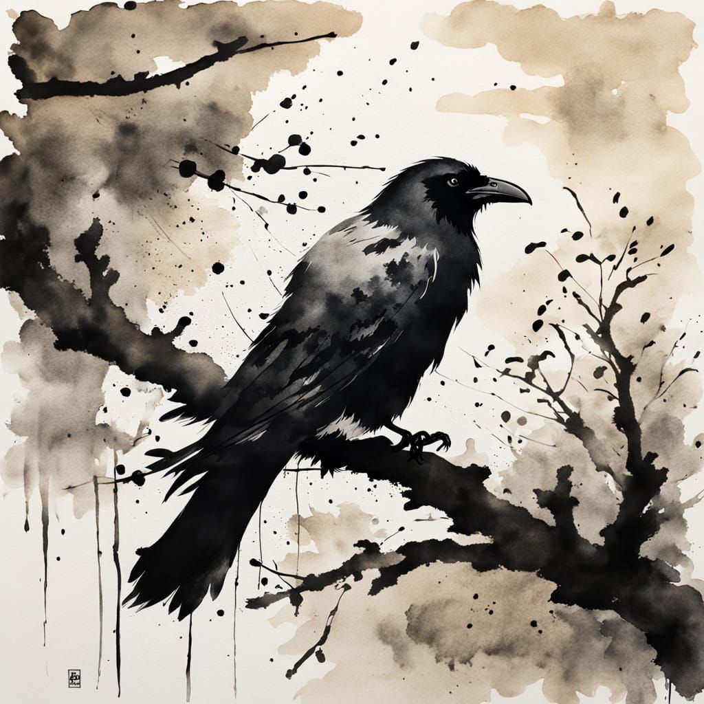 Mysterious Raven in Traditional Japanese Sumi-e Art