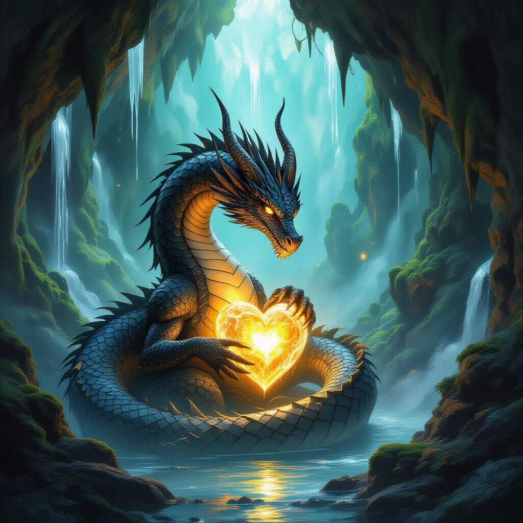 Majestic Dragon Guards Crystal Heart in Hidden Cavern