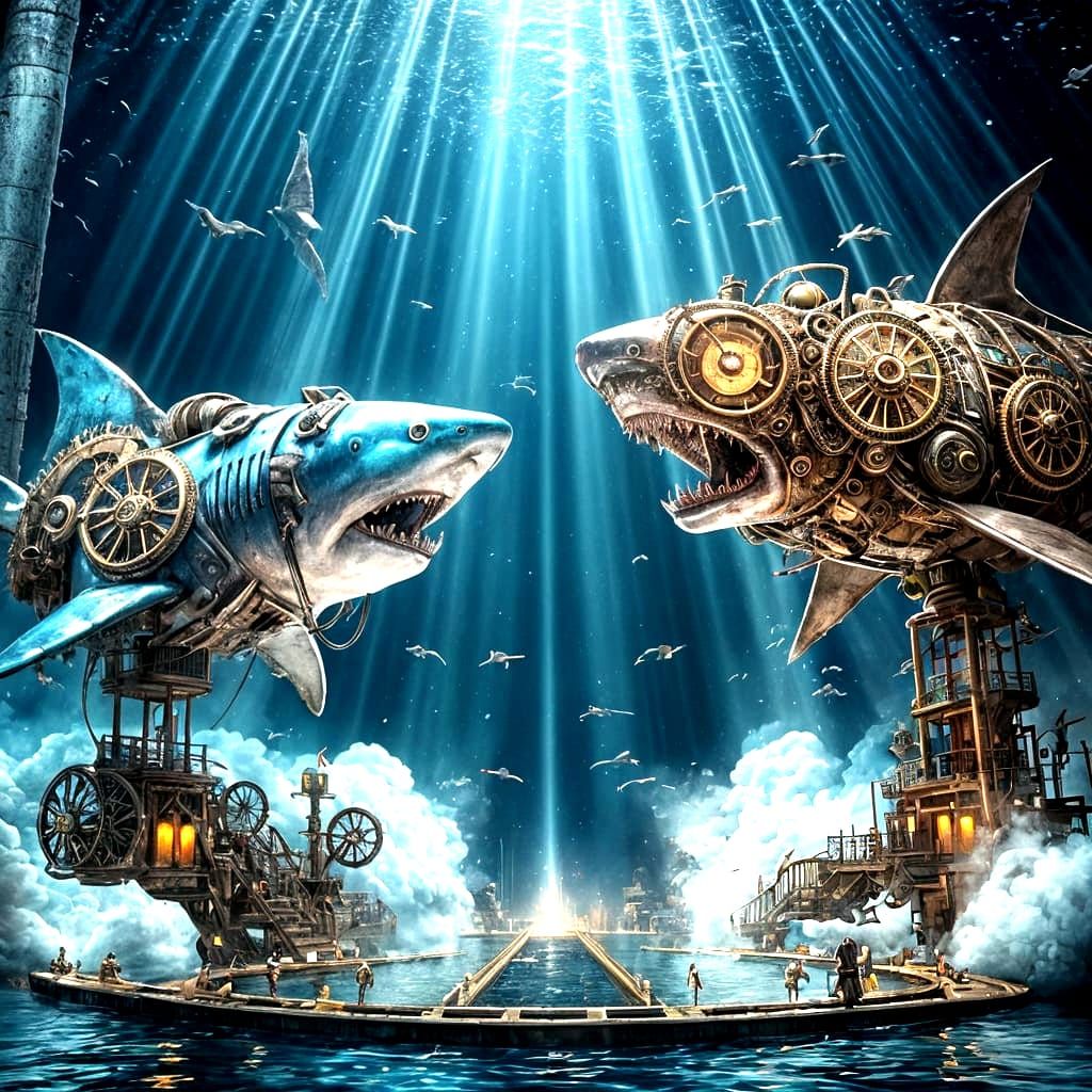 Steampunk Sharks Clash in Underwater Arena