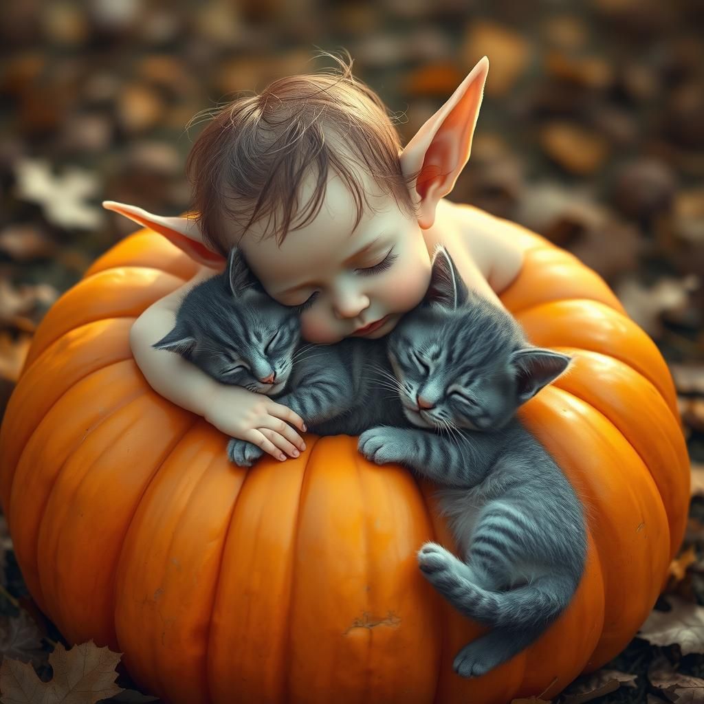 Baby Elf Sleeping on Pumpkin with Kitten