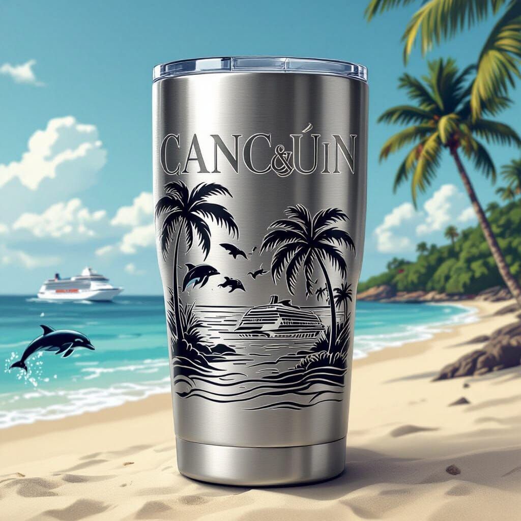 Cancún Stainless Steel Tumbler with Tropical Beach Scene