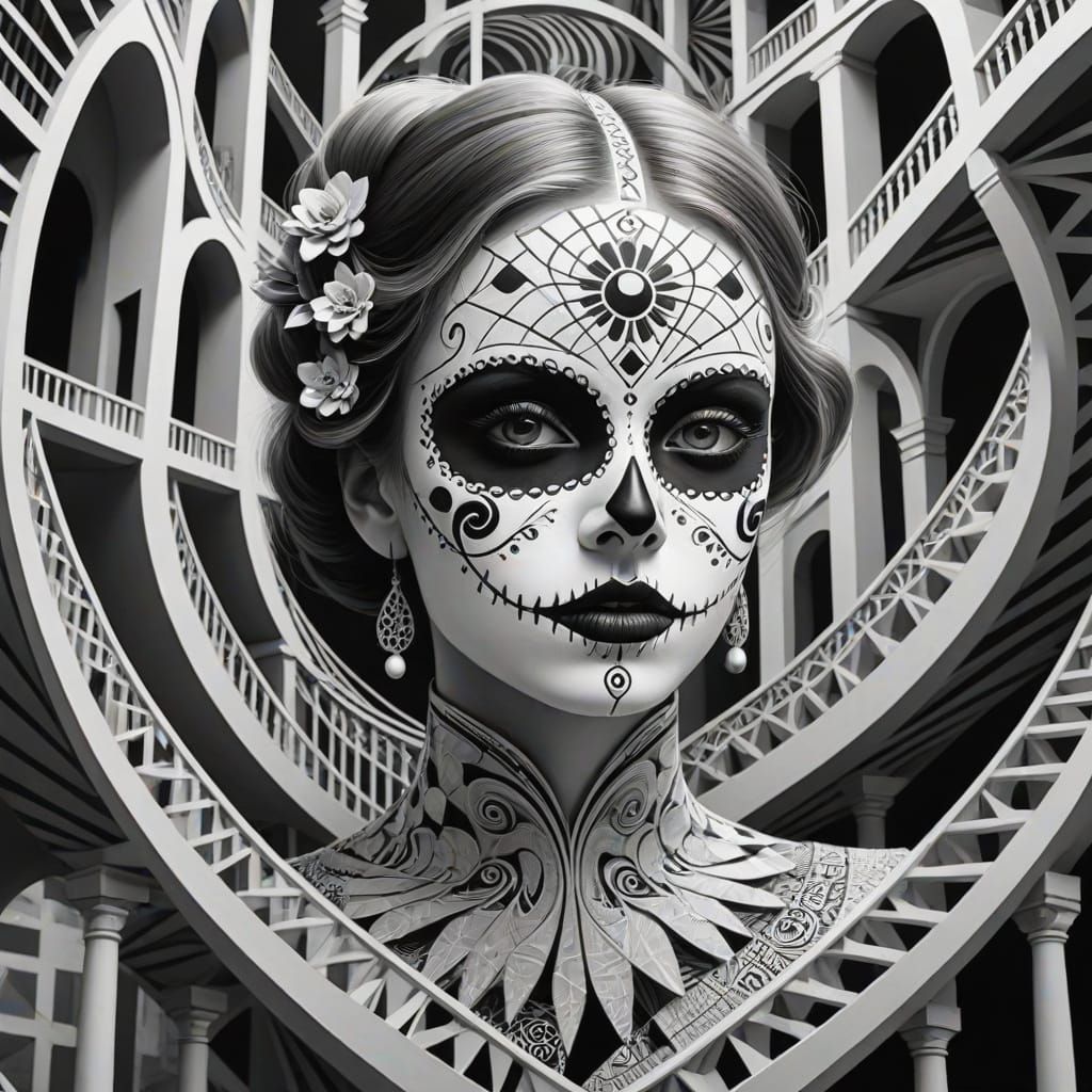 Surreal Woman in Carnival Mask on Escher Staircase