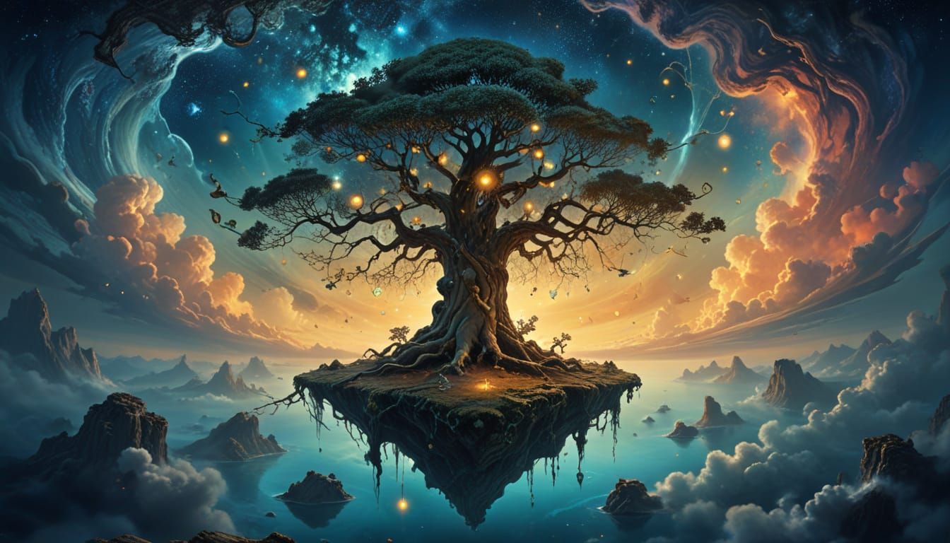 Ancient Cosmic Tree Floating Island as Fantasy Concept Art