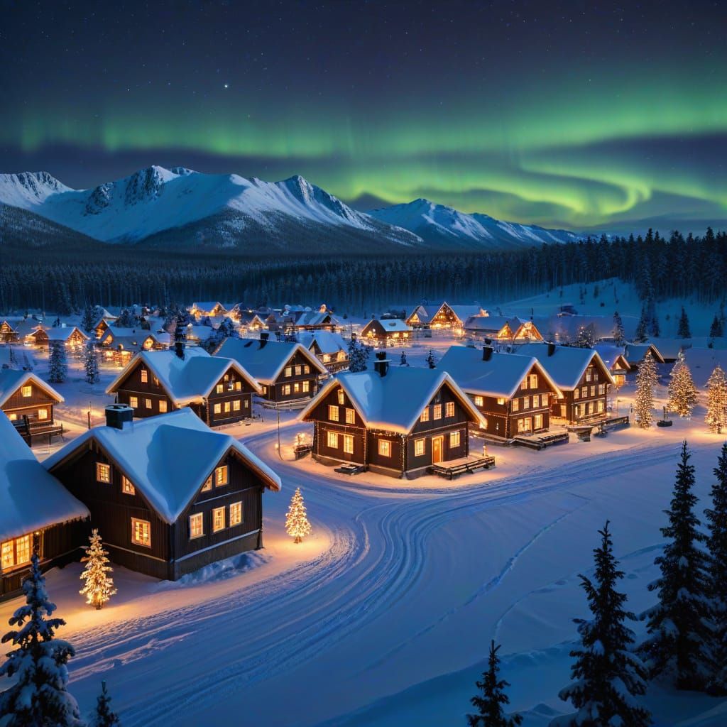 Magical Santa Village Under Northern Lights in Finland