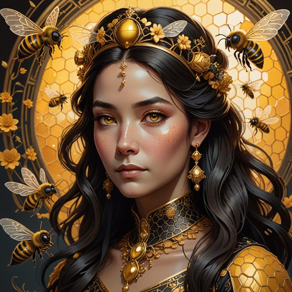 Golden Queen of Bees in Art Nouveau Splendor