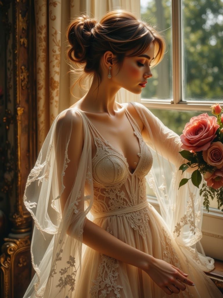 Romantic Realism Portrait of Woman in Sheer Dress