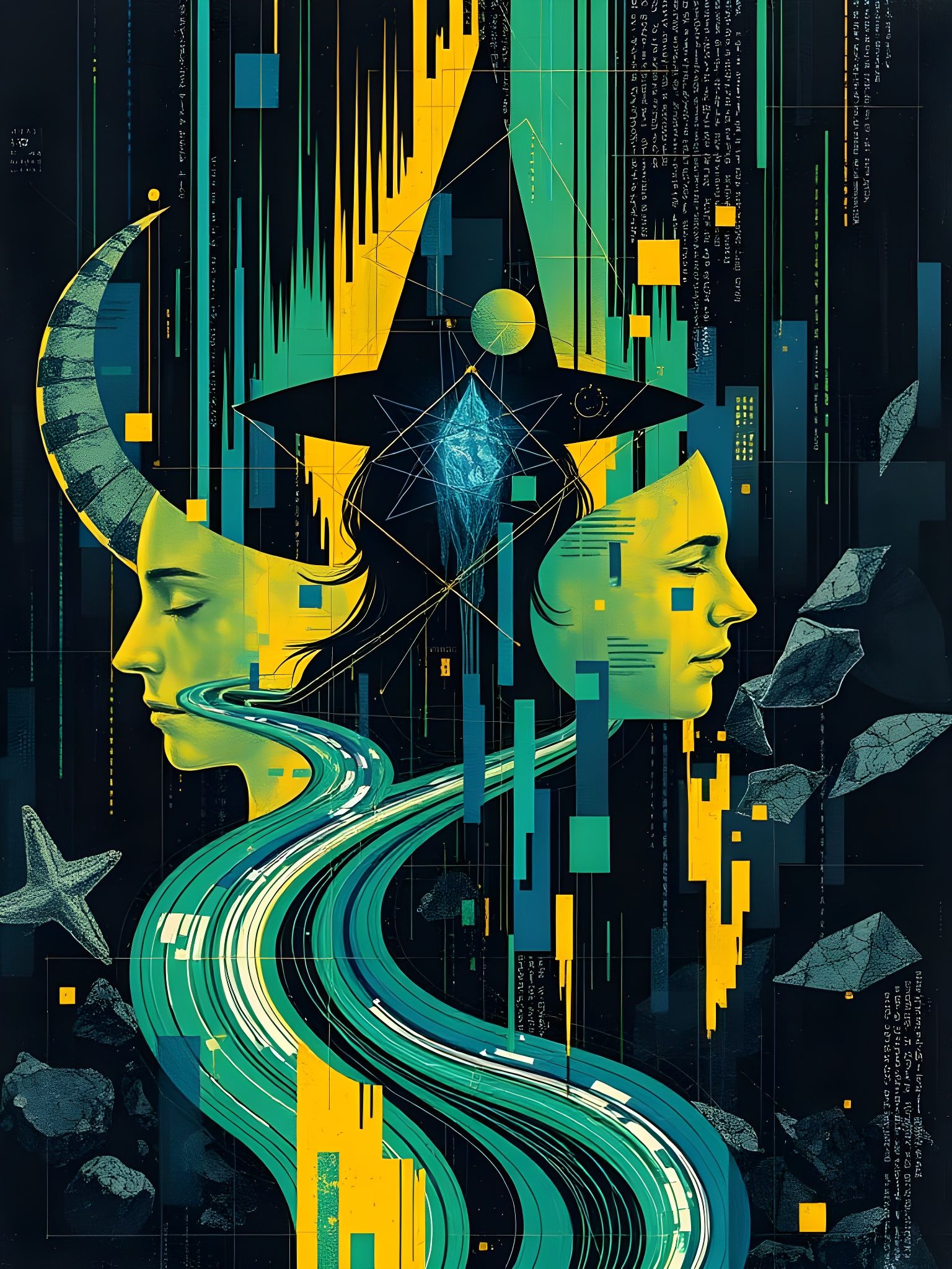 Glitchcore River Witch in Mixed Media Collage