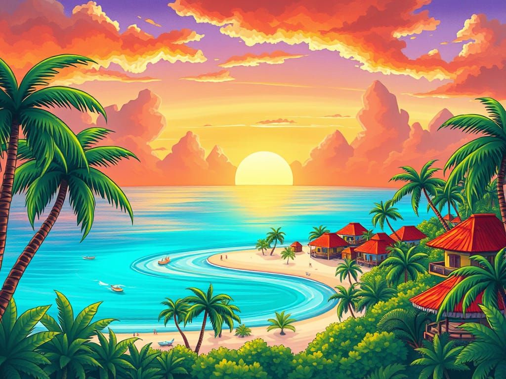 Whimsical Tropical Island Sunset in Cartoon Style