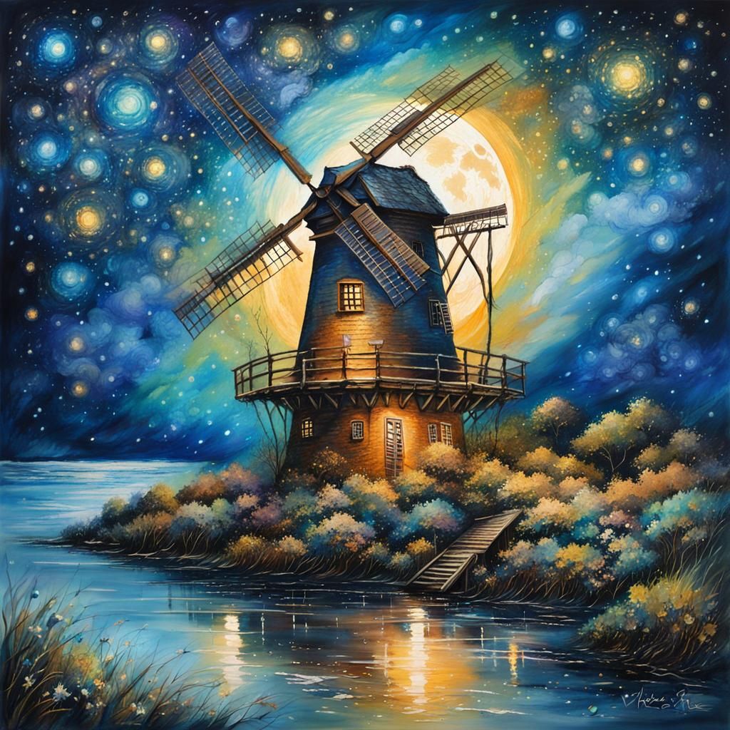 Windmill Under Starry Sky as Impasto Painting