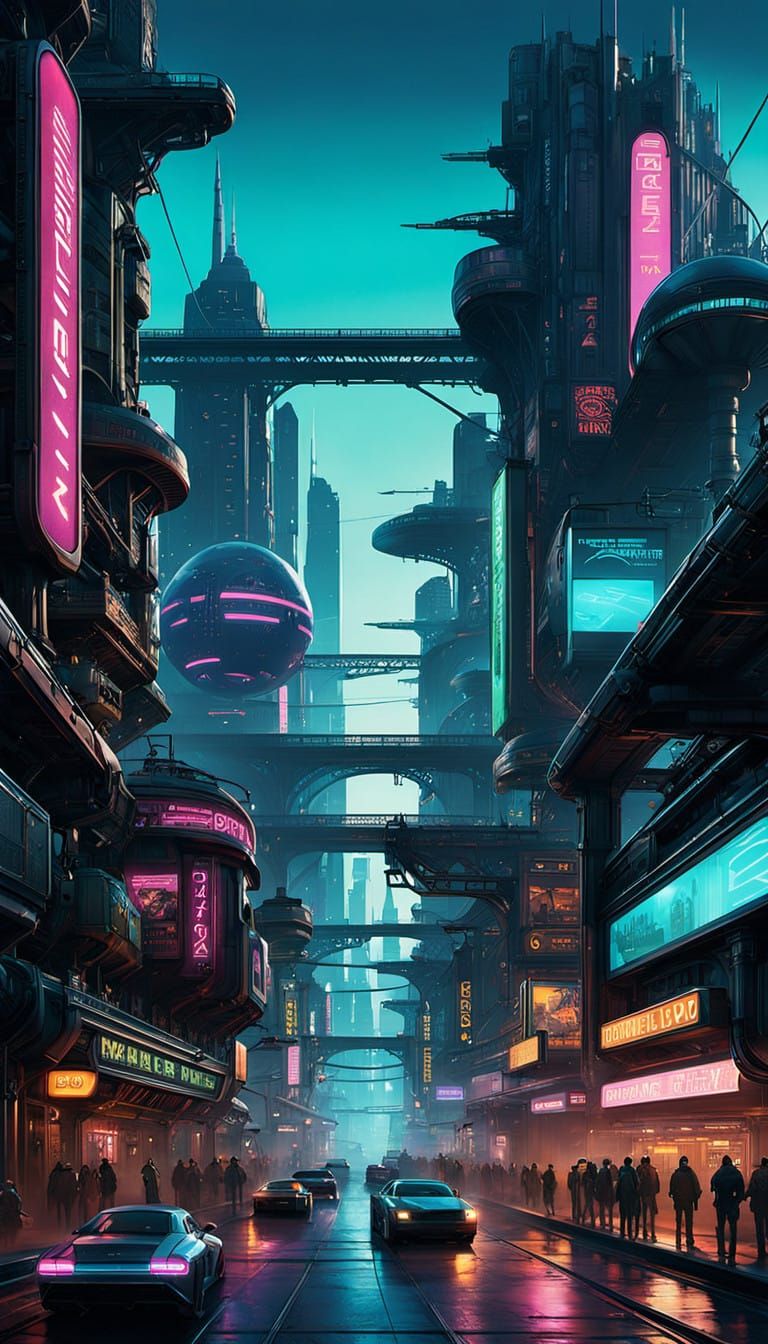 Futuristic Cityscape Panorama at Night: A Cyberpunk Steampun...