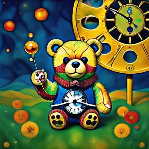 Teddy Bear Creature with Clock in Stained Glass Style