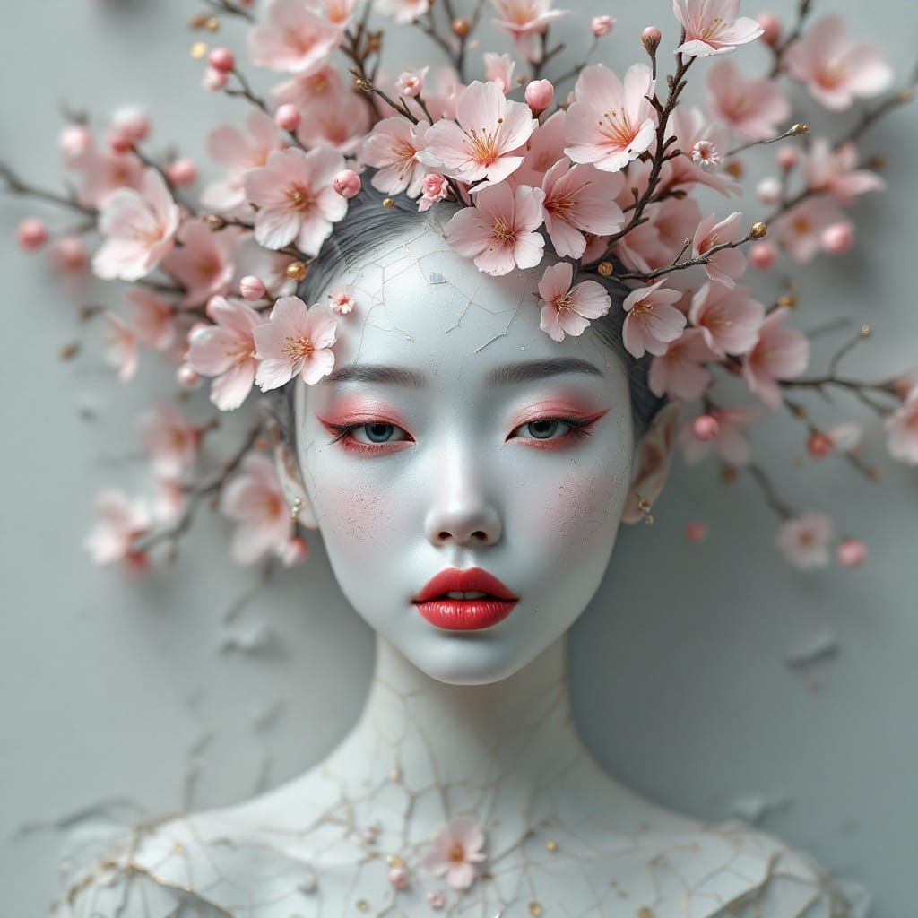 Surreal Woman in Cherry Blossom Splendor