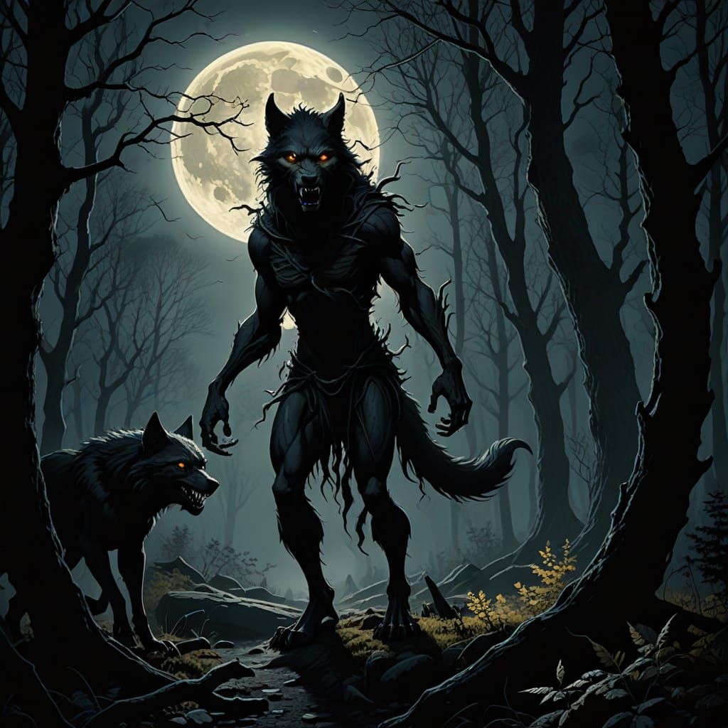 Dark Fantasy Werewolf Transformation in Moonlit Horror Style