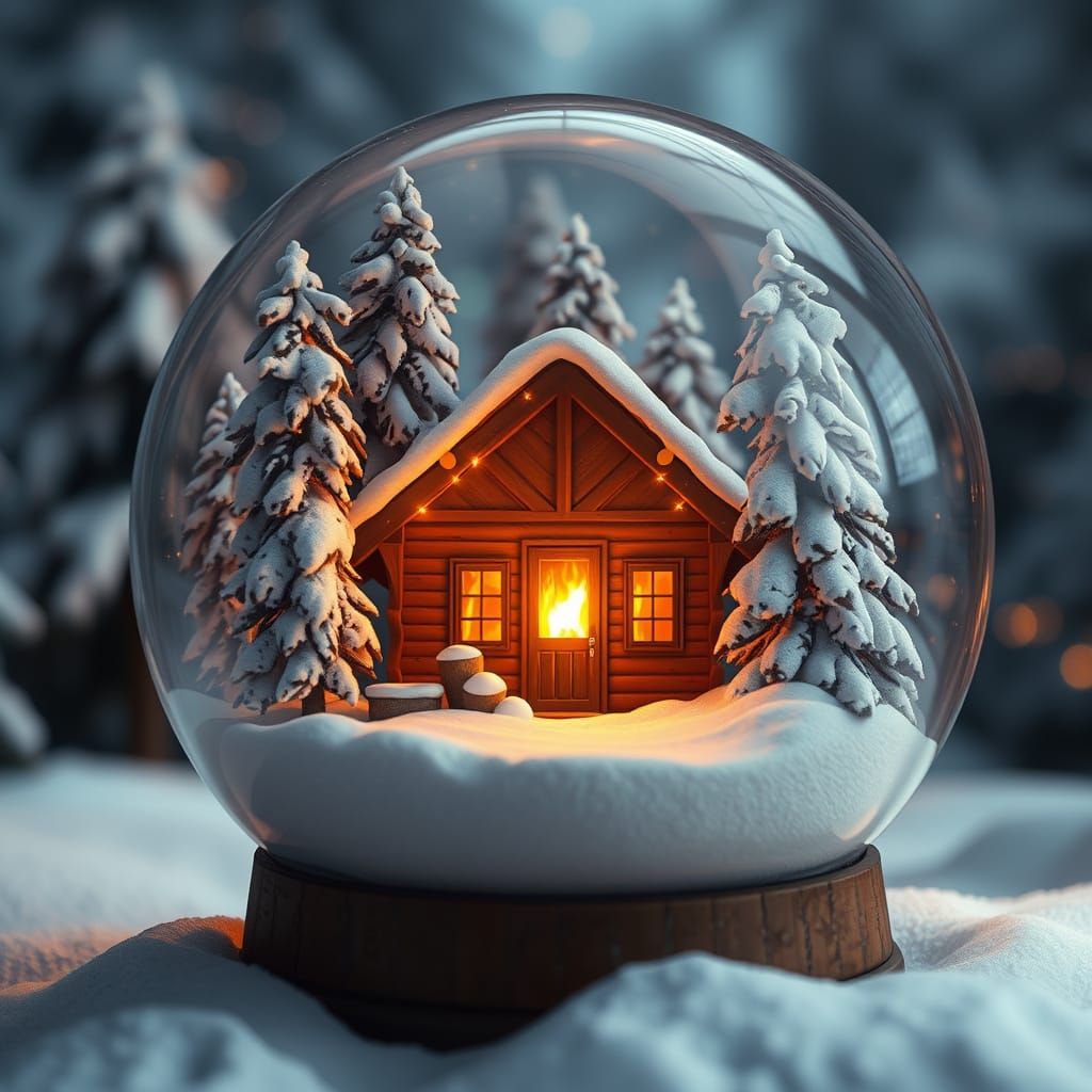 Cozy Winter Cabin in Snow Globe, Photorealistic Style
