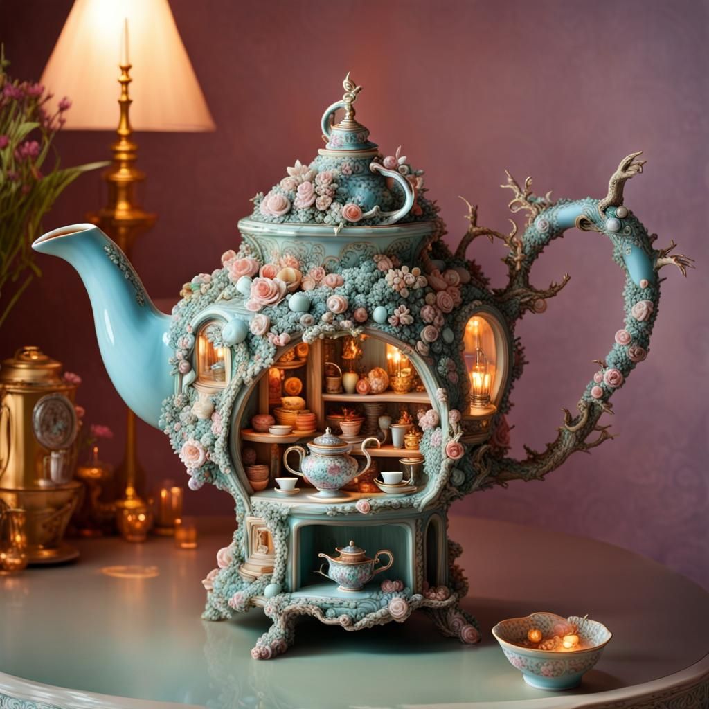 Surreal Teapot Miniature World in Dreamy Kitsch Style