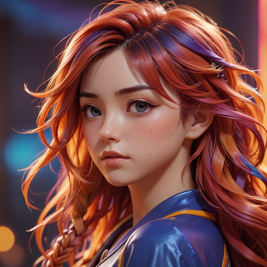 Hyperrealistic Anime Woman with Flowing Hair in 3D