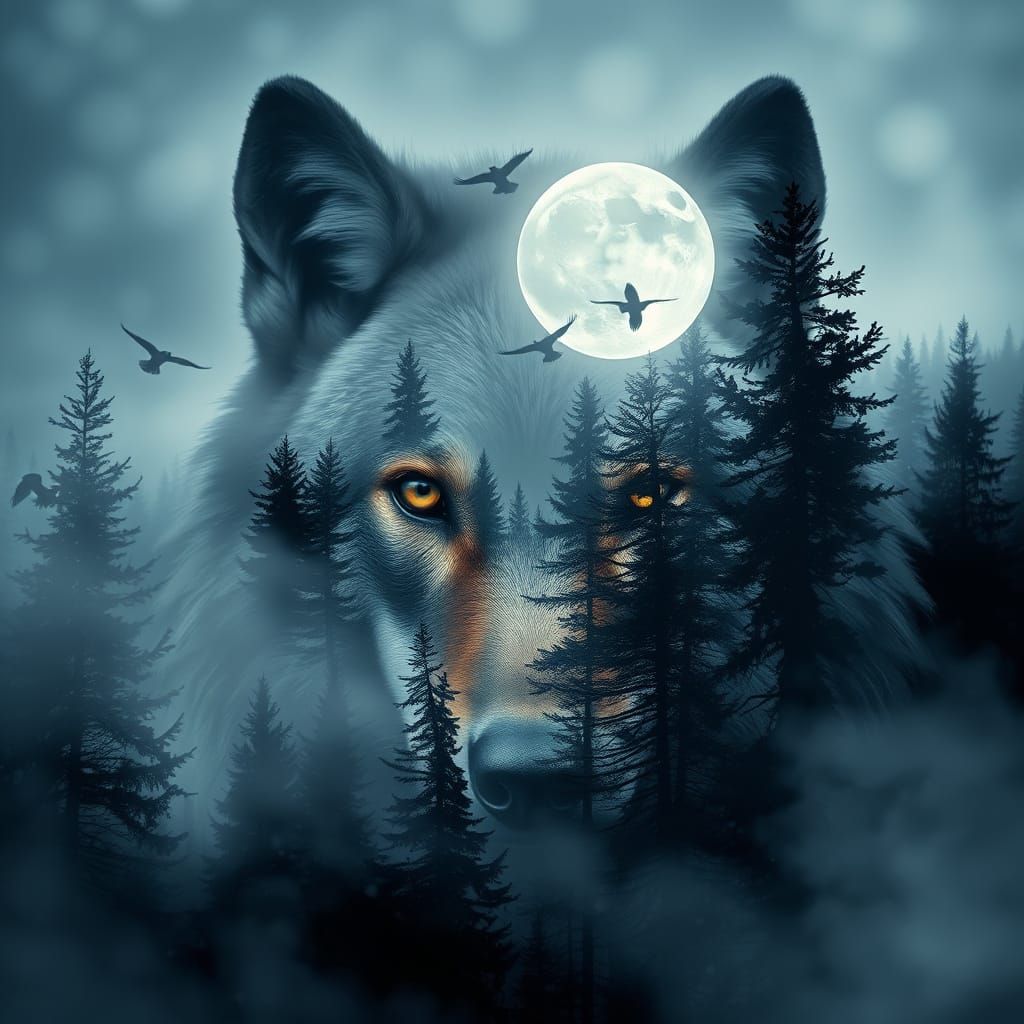Majestic Wolf in Dreamlike Pine Forest Landscape