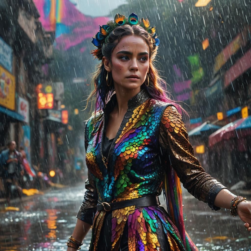 Rainbow Scaled Woman with Peacock Hair, Digital Art