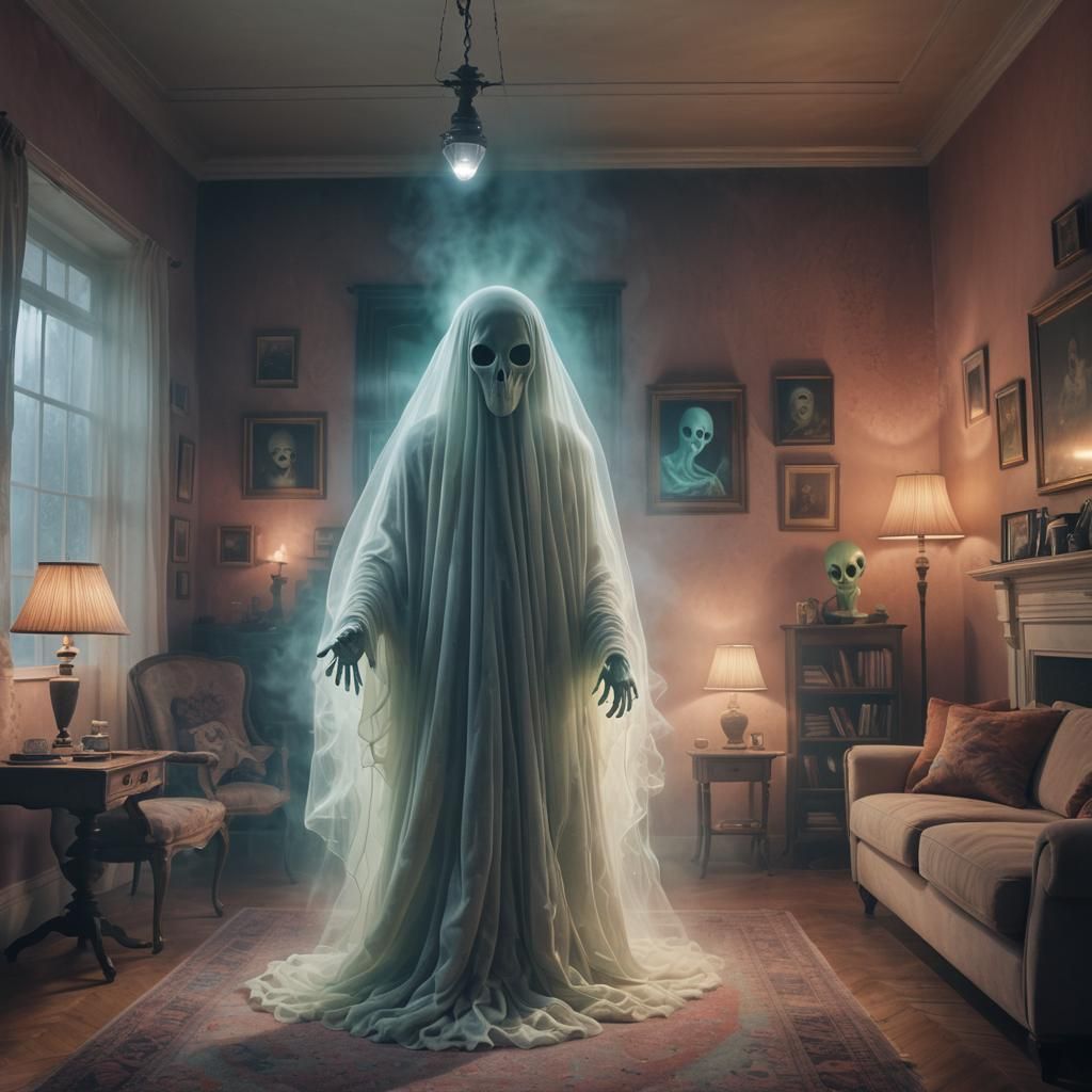 Ghost and Alien Encounter in Surreal Living Room