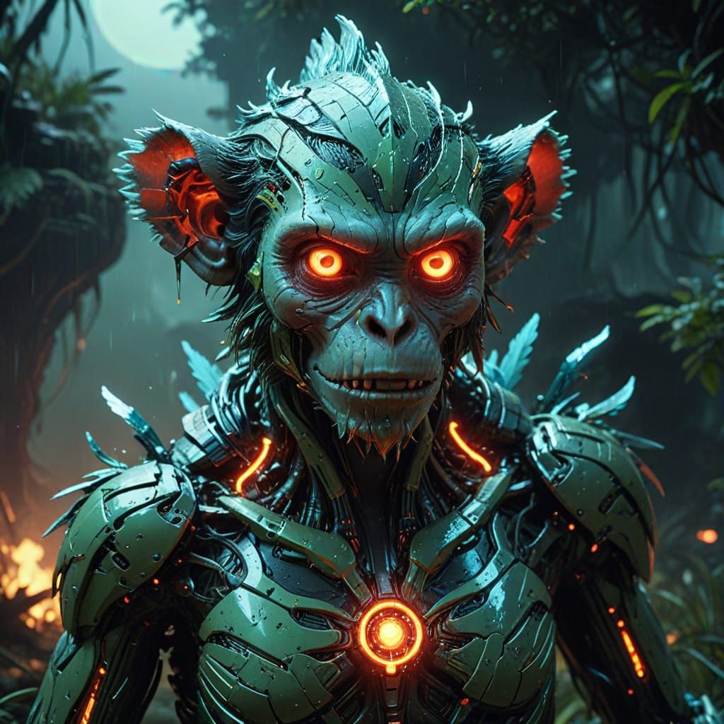 Cyberpunk Monkey Harpy Descent From Glitched Platform