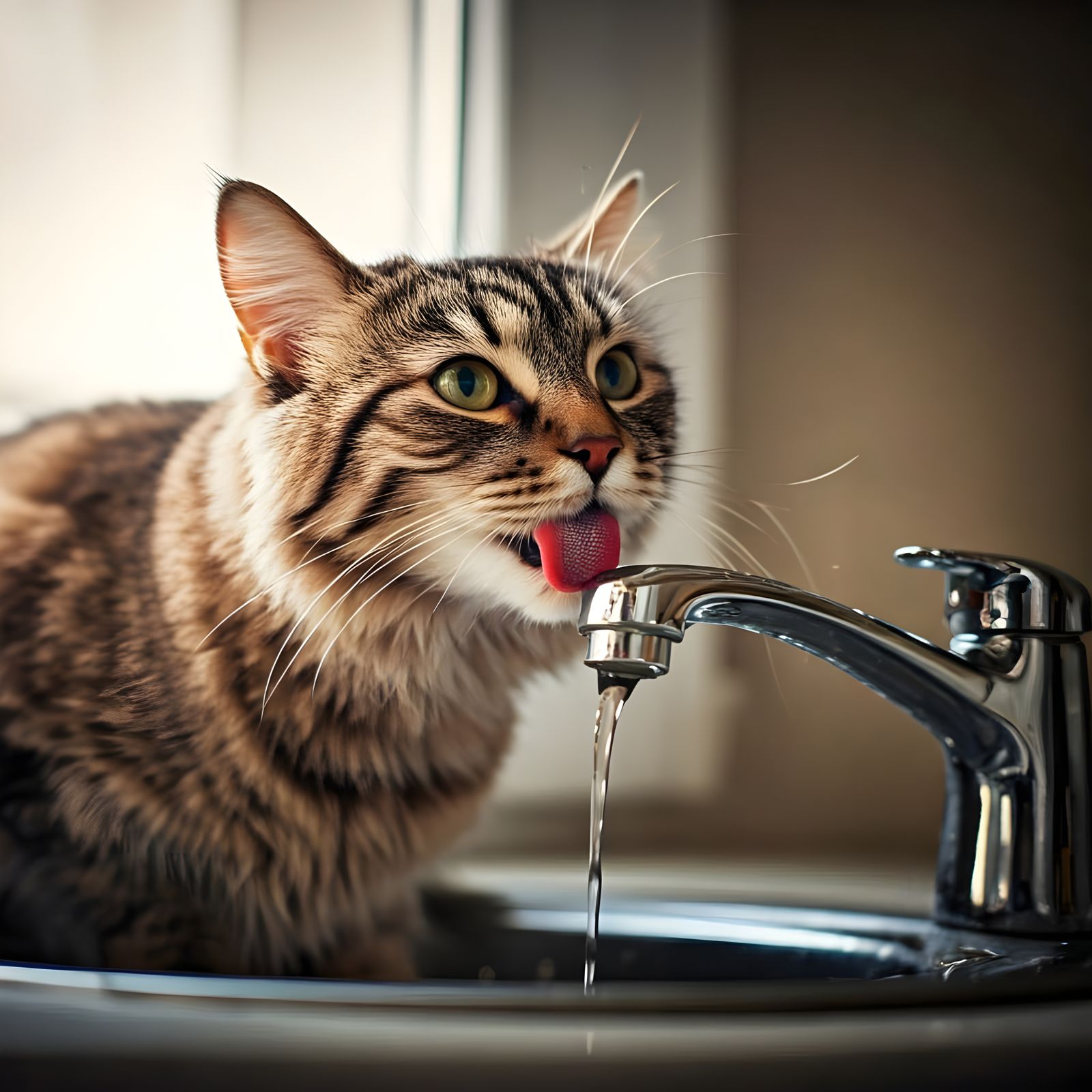 Cat Drinking from Faucet on Sunny Day