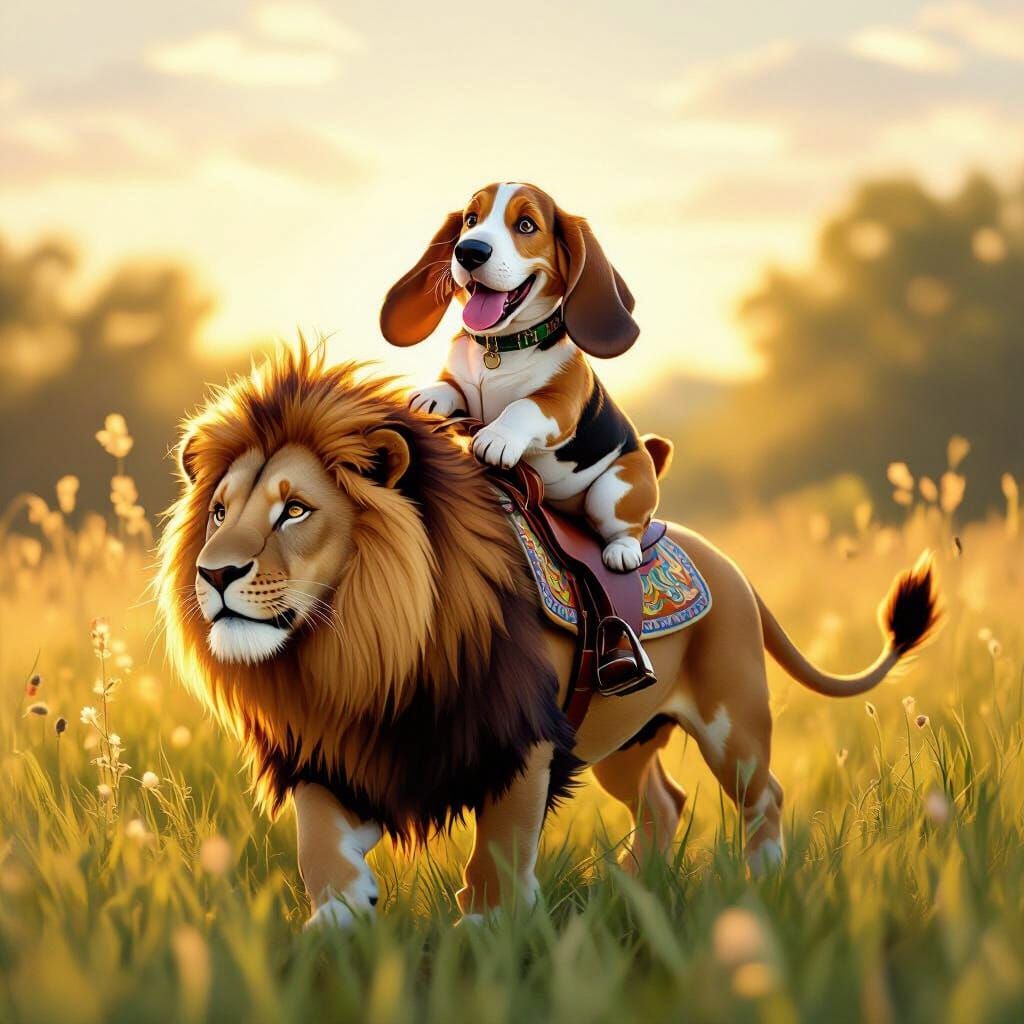 Basset Hound Rides a Lion Through Meadow in Storybook Style