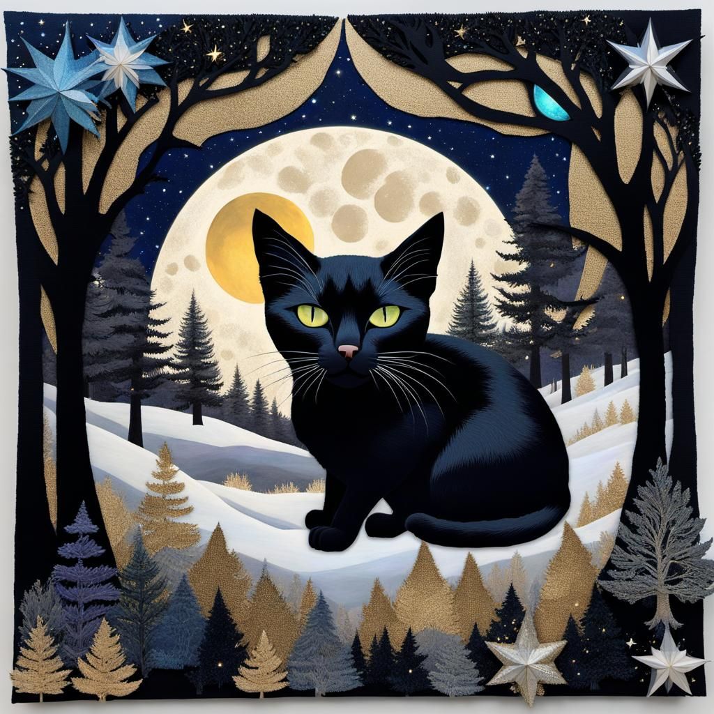 Mystical Black Cat Collage in Snowy Forest