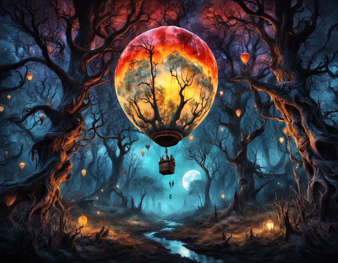 Mystical Moonlit Forest: Gucci Balloon in Surreal Digital Pa...