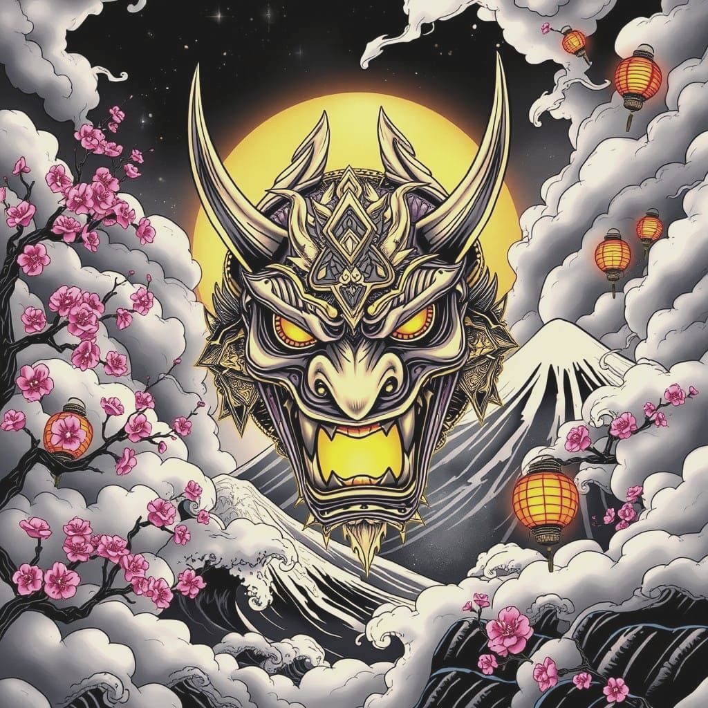 Cyber Yokai Fantasy: Oni Mask Rises from Stormy Clouds