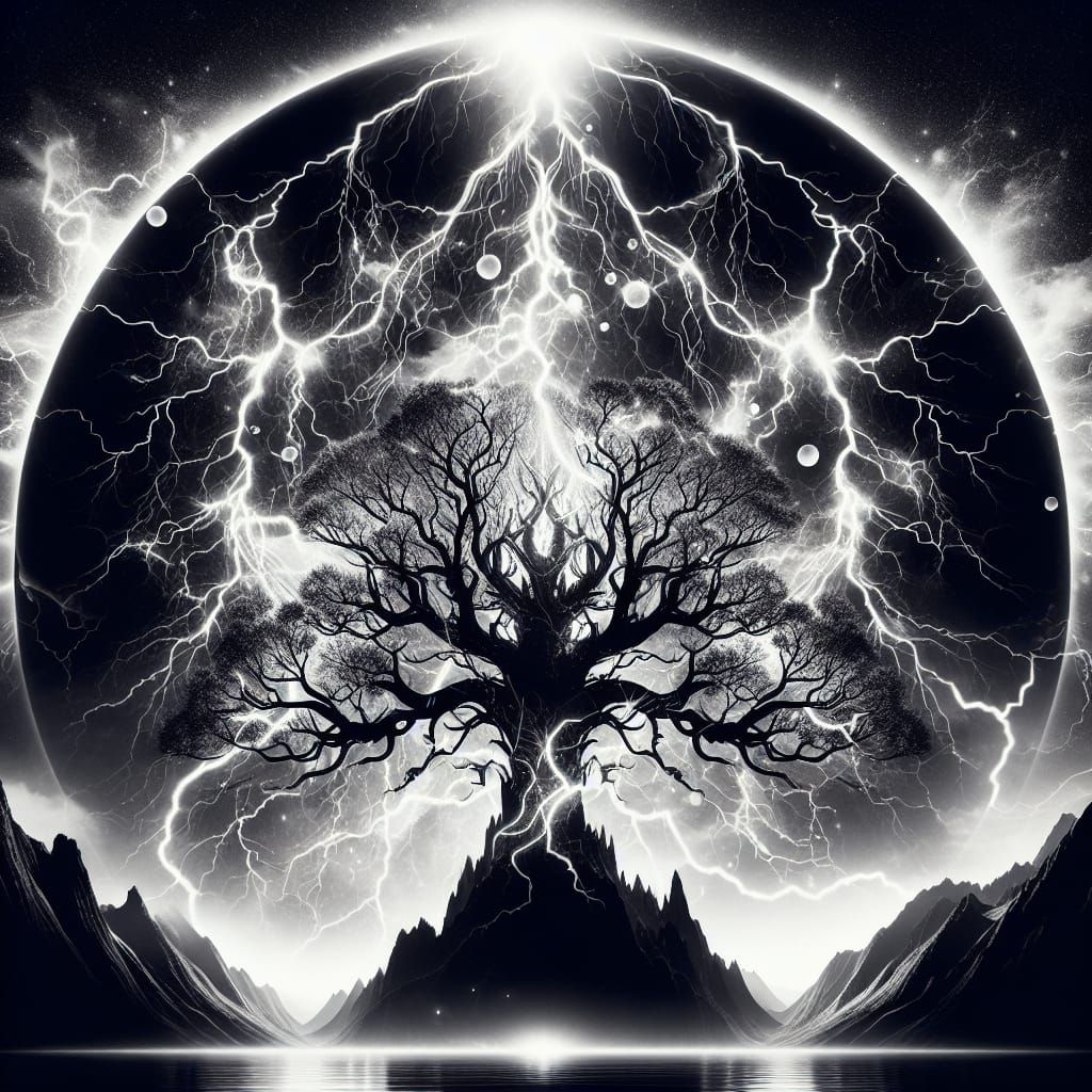 Yggdrasil Silhouette with Lightning, Double Exposure Art