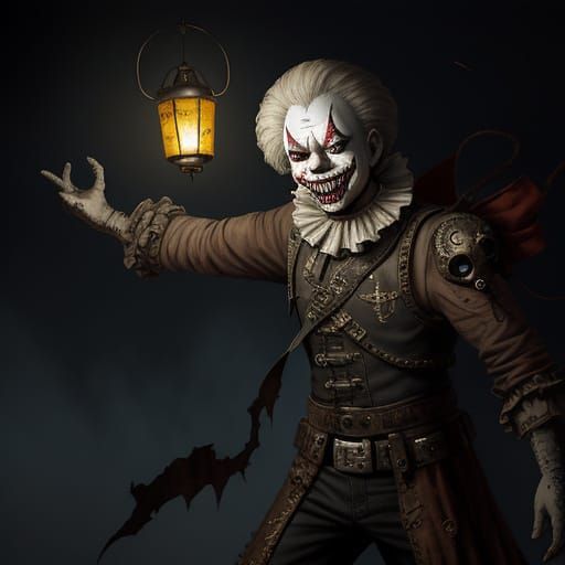 Steampunk Clown Emerges from Shadowy Tent