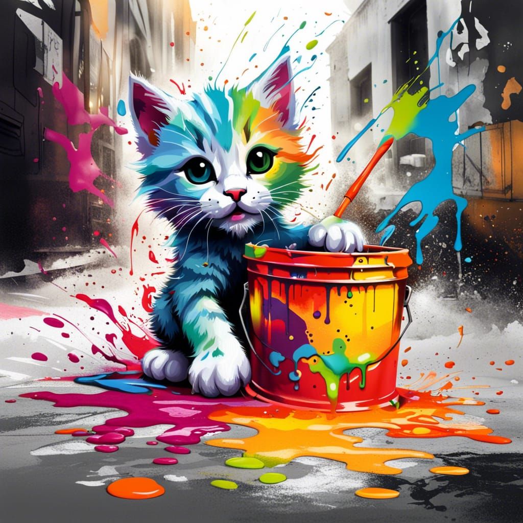 Kitten Playing in Paint, Graffiti Art Style