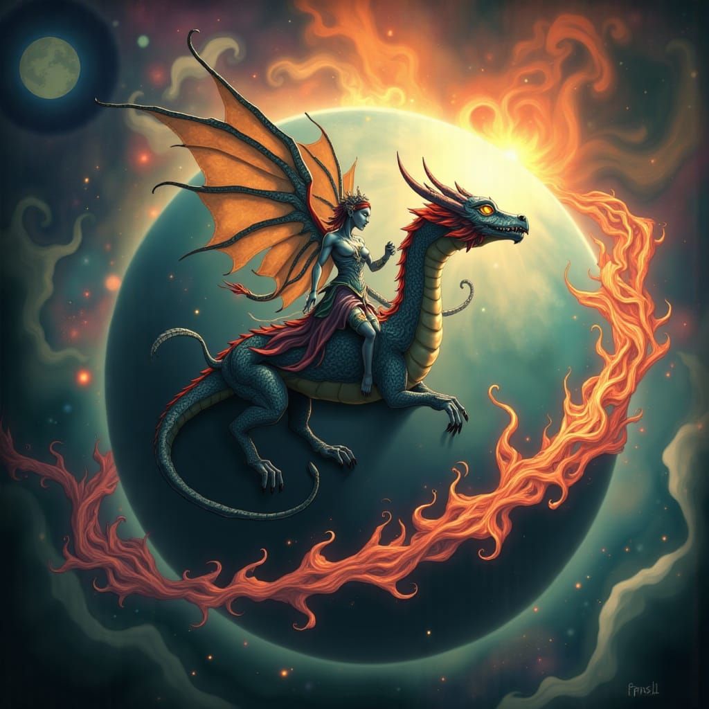 Alien Fairy Soars on Dragon Over Gas Giant with Fractal Flam...