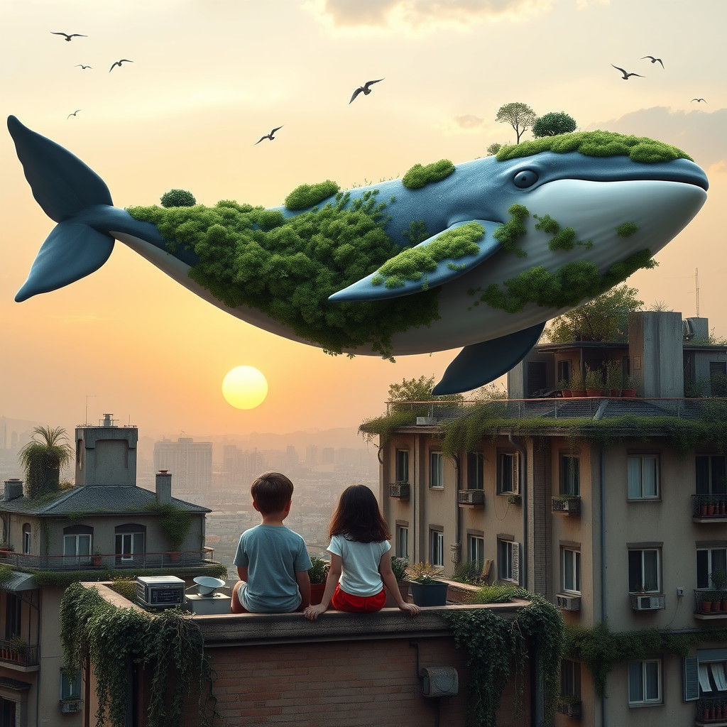 Children Watch Smiling Whale Float Over Cityscape