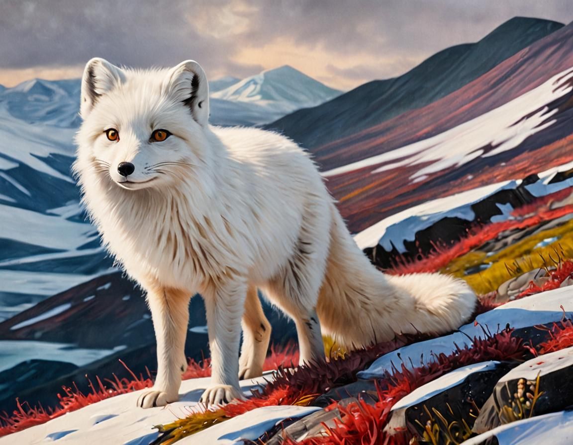 Arctic Fox in Vibrant Oil Landscape Painting