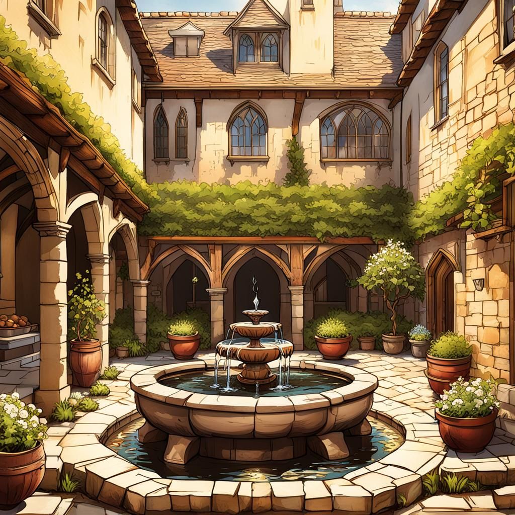 Medieval Courtyard Garden in Comic Book Style