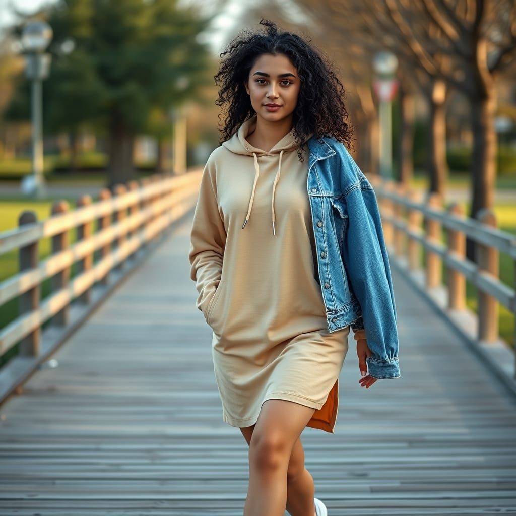 Elegant Middle Eastern Woman Strolls on a Park Boardwalk in ...