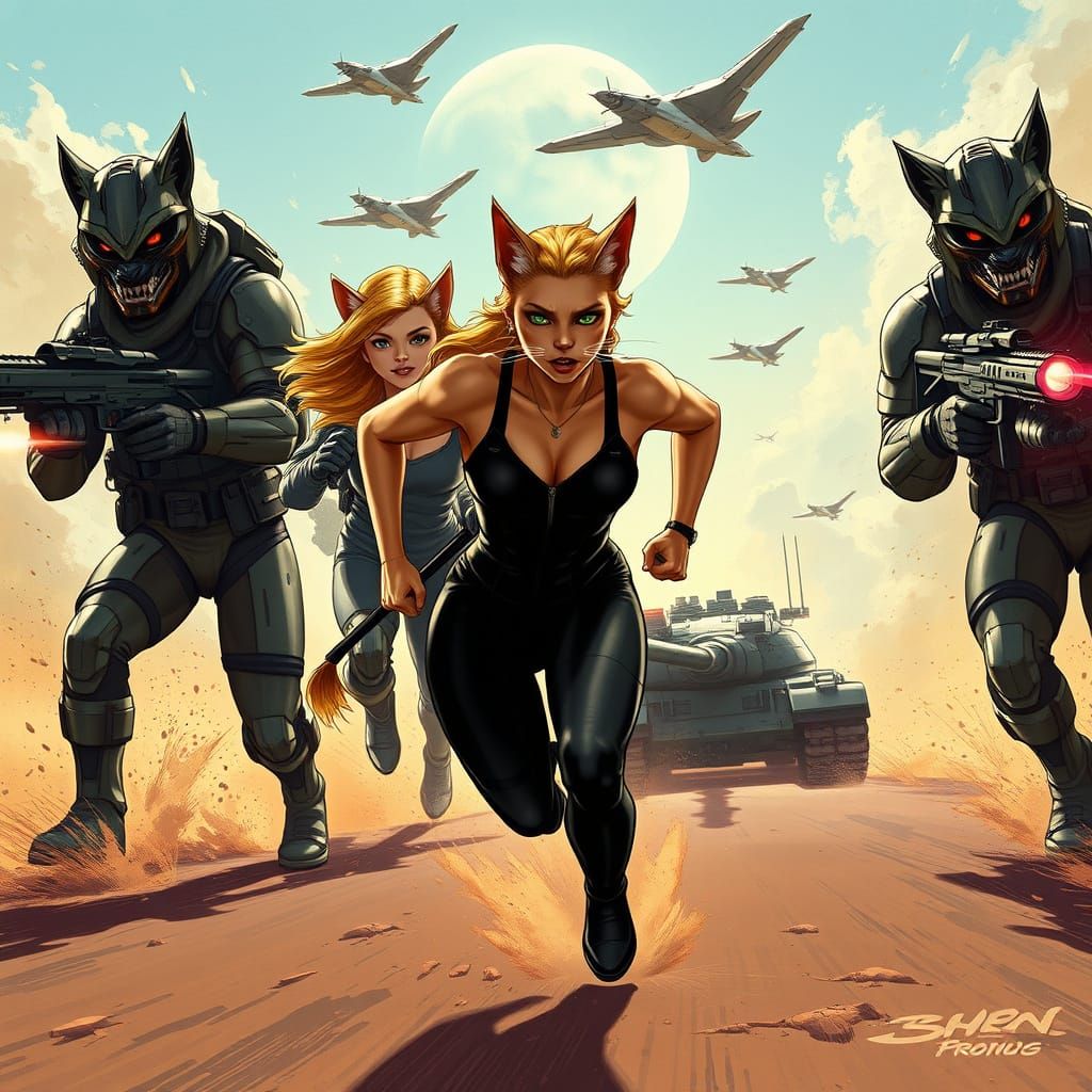 Futuristic Feline Fugitives Pursued by Wolf Men in High-Tech...