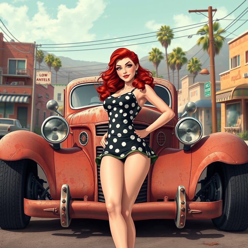 Retro Pinup Girl with Rat Rod, Vector Art