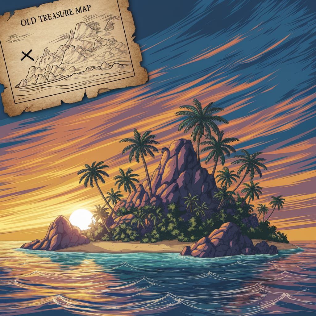 Tropical Island Treasure Map in Anime Style