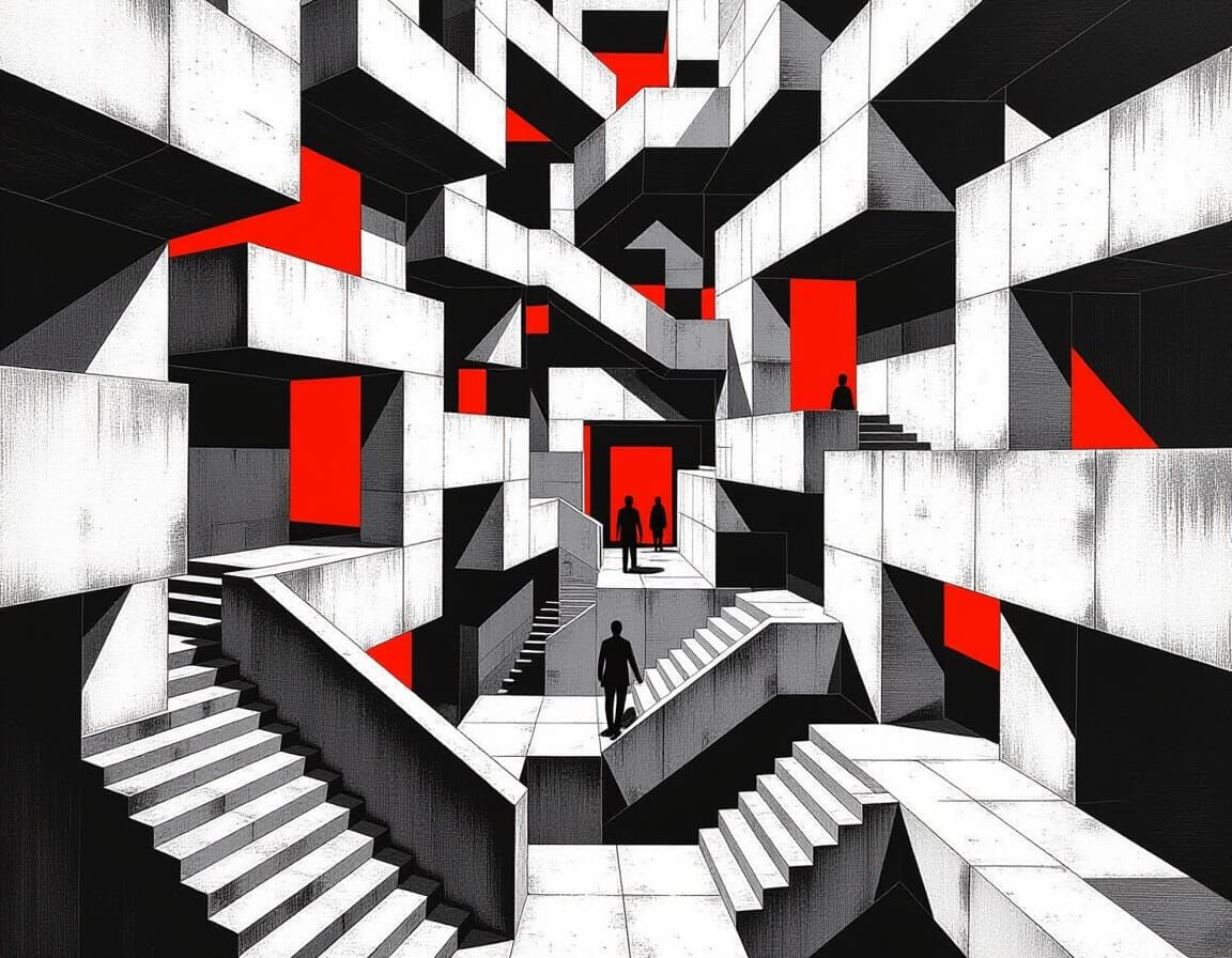 Brutalist Stairwell Maze in Op Art Style