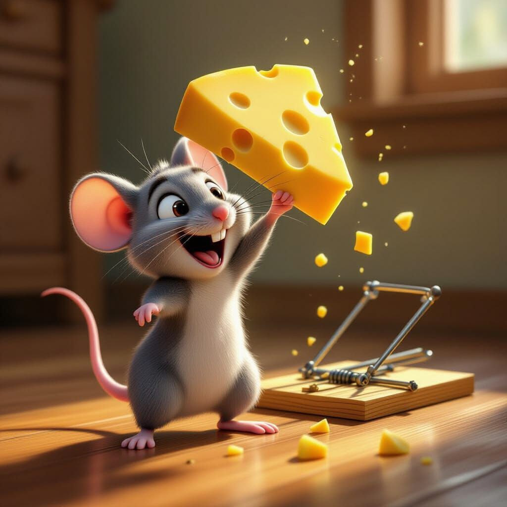 Cartoon Mouse Escapes Mousetrap With Giant Cheese