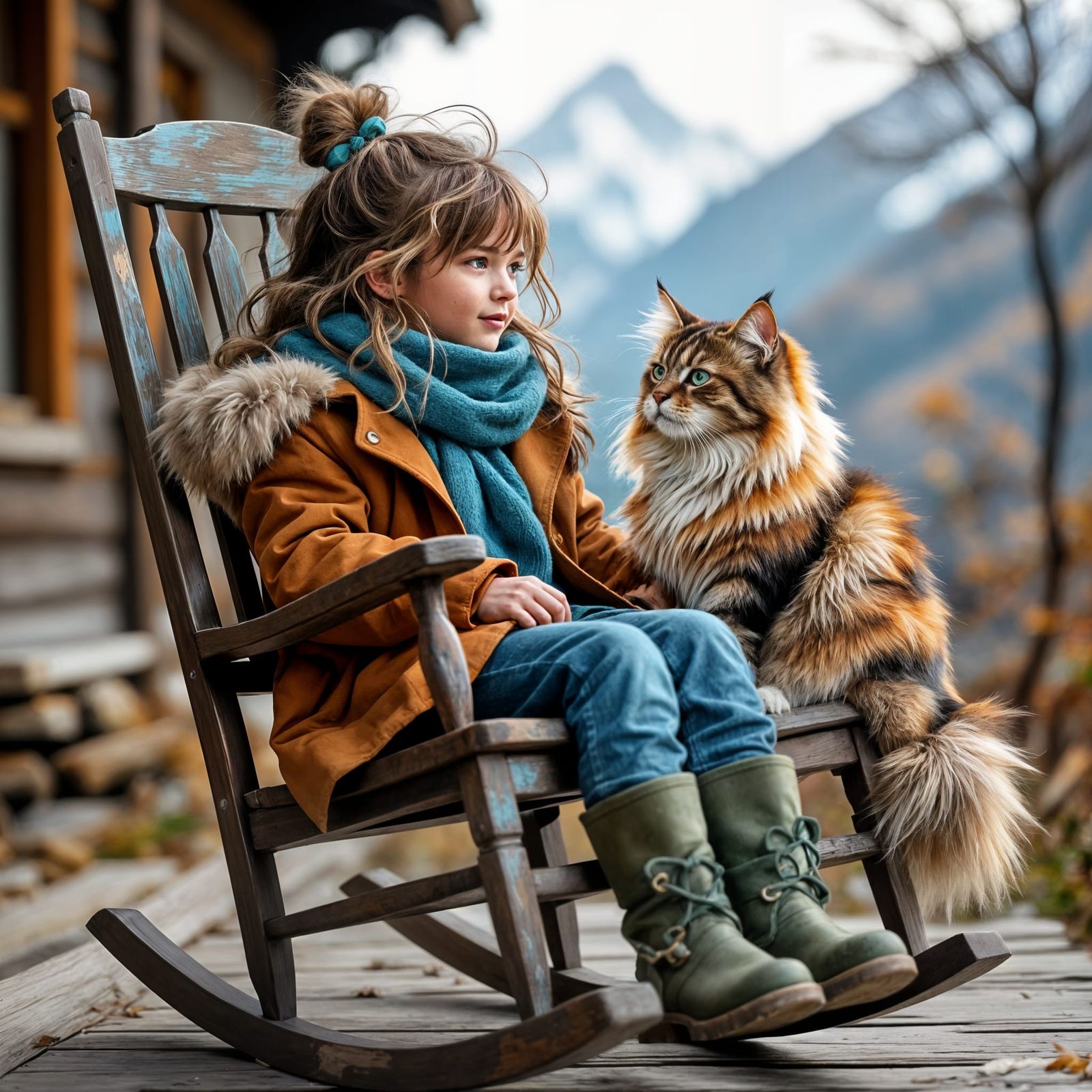 Girl and Himalayan Cat on Rocking Chair