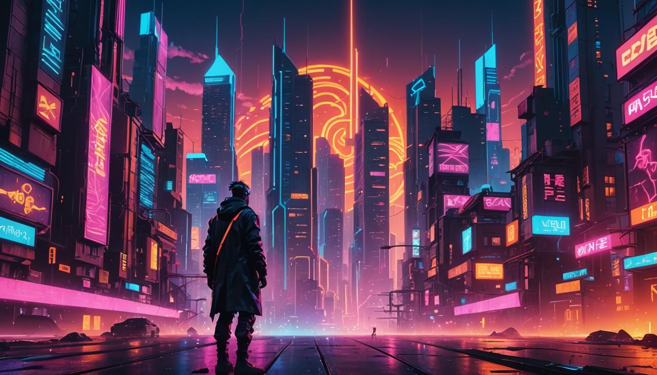 Cyberpunk Cityscape with Neon Waves in Synthwave Style