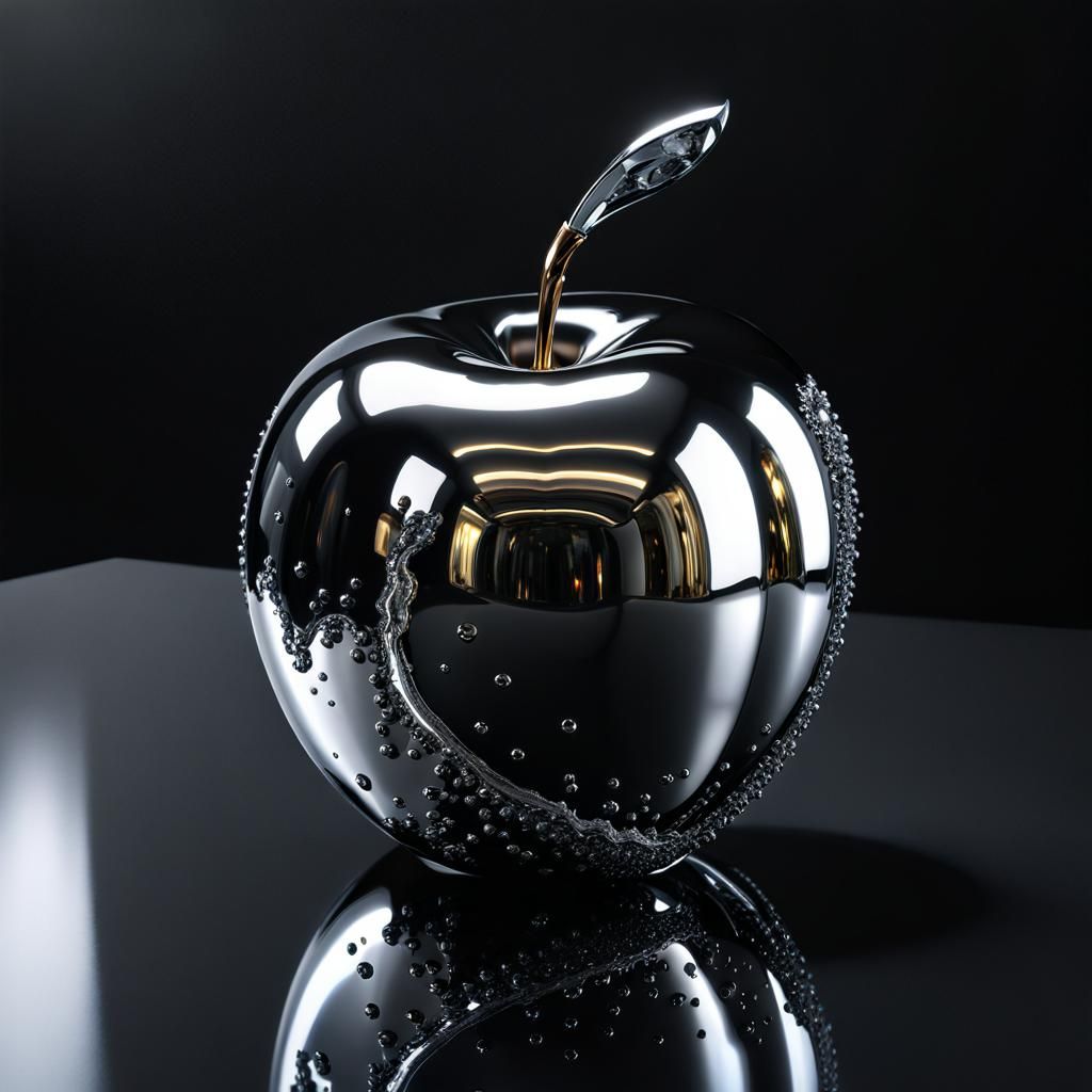 Melting Chrome Apple with City Reflection in Digital Art